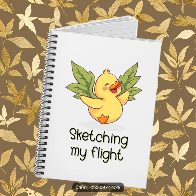 Funny rubber duck with mismatched leaf wings, gleefully trying to fly, on a notebook cover.