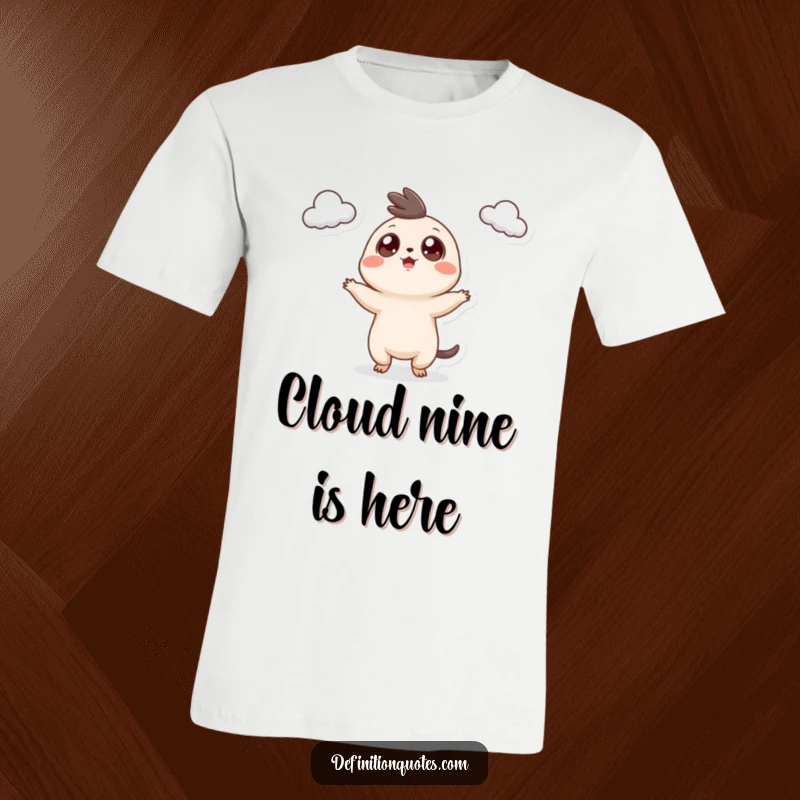 Funny T-Shirt: A tiny creature with big googly eyes enthusiastically juggling three fluffy small clouds, a whimsical sight.