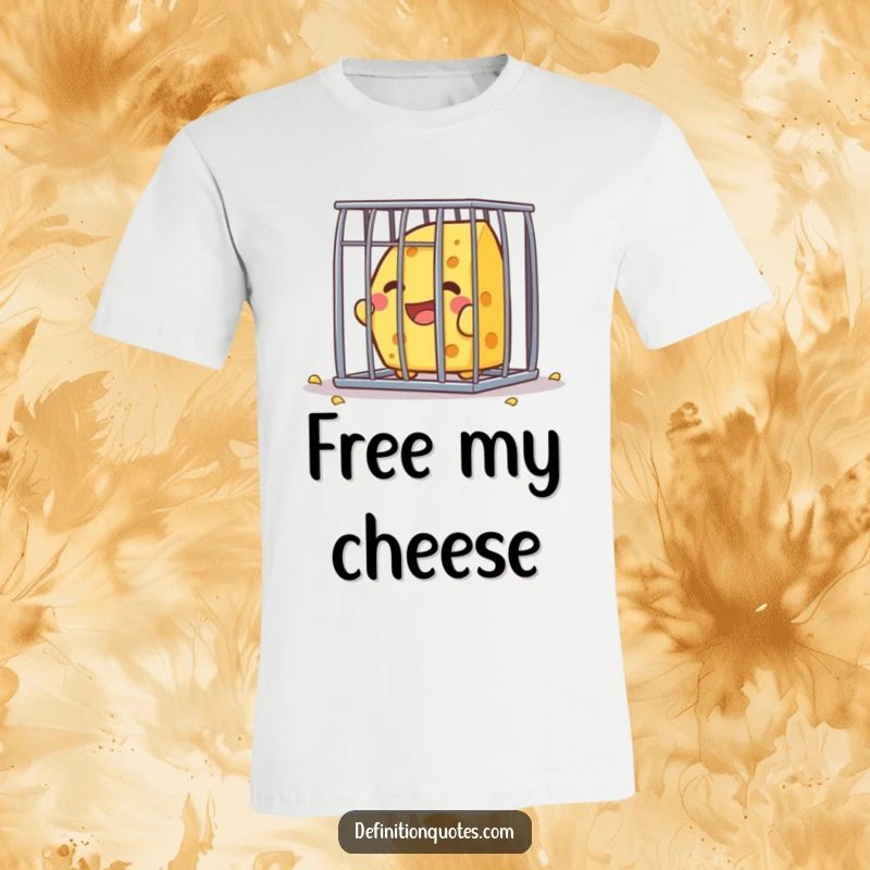 Funny Kawaii cheese character, full of glee, trying to bust out of a tiny cage, depicted on a t-shirt.