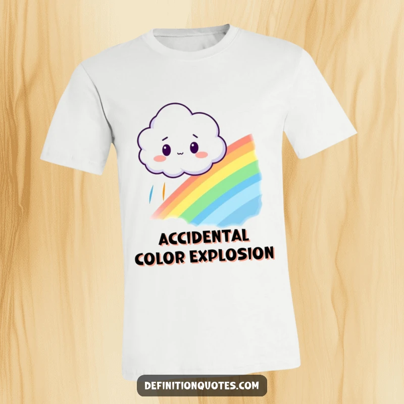 Funny t-shirt with a surprised little cloud discovering a rainbow it accidentally made, highlighting wonder.