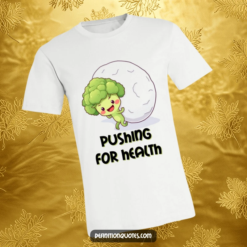 Funny t-shirt graphic of a tenacious broccoli floret character attempting to push a giant snowball up a steep hill.