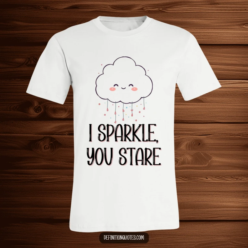 Funny t-shirt featuring a smiling cloud character showering an abundance of large, colorful glitter with playful abandon.