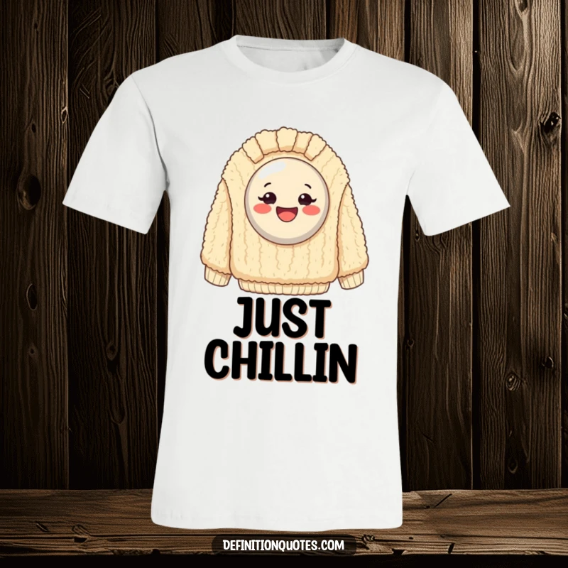 Funny T-Shirt: Exaggeratedly happy button stuck on a giant, fuzzy sweater, a humorous and cozy visual.