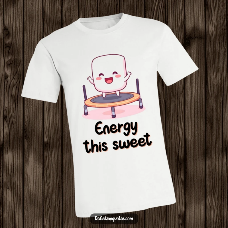Funny t-shirt depicting a cheerful marshmallow joyfully bouncing on a tiny trampoline, radiating happiness.