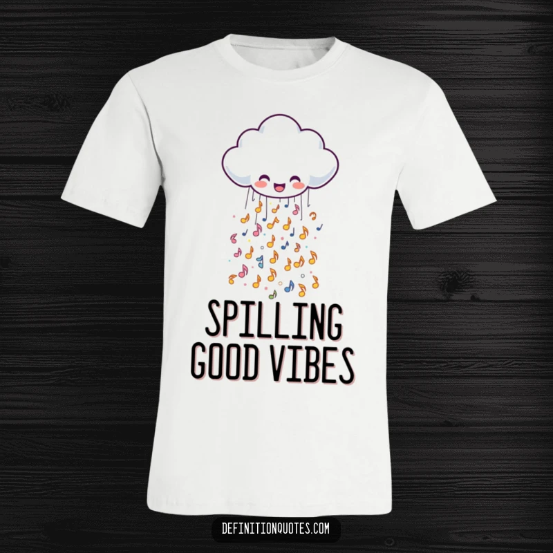 Funny t-shirt print of a happy rain cloud character raining down a sparkly cascade of musical notes, a harmonious and cheerful design.