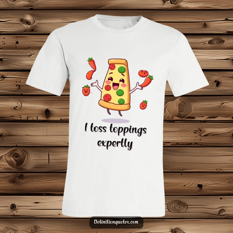 Funny Pizza Juggling Pepperoni T-Shirt: A delighted pizza slice character hilariously juggles flying pepperoni slices.