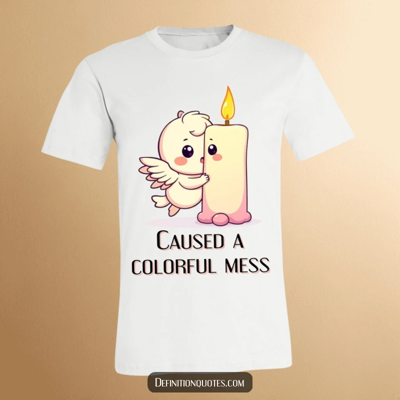 Funny t-shirt depicting a playful winged character gently making a dent in a rainbow, a magical and humorous design.