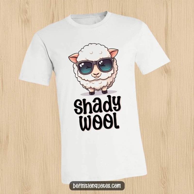 Funny t-shirt: A cute, fluffy sheep character comically tries to wear oversized sunglasses, looking hilariously unimpressed.