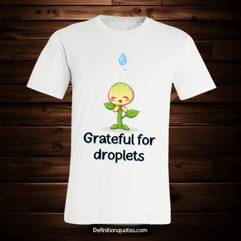 Funny happy little sprout dramatically bowing to a falling raindrop on a t-shirt, a charmingly humble illustration.