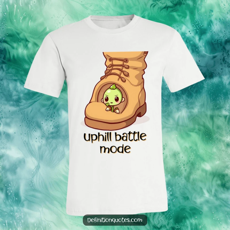 Funny t-shirt graphic of a small sprout character bravely pushing a huge fallen acorn uphill, a humorous depiction of immense struggle.
