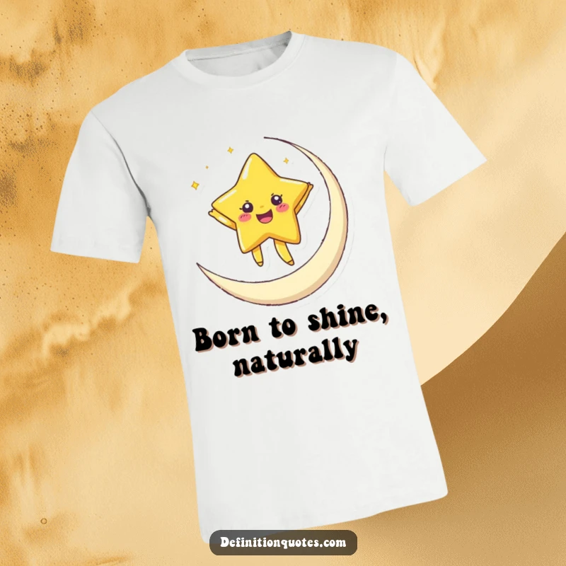 Funny t-shirt featuring a happy star character with bright eyes dancing exuberantly on a crescent moon.