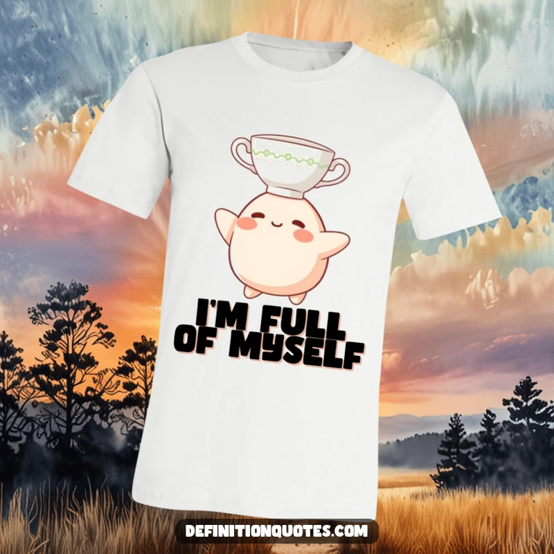 Funny T-Shirt: A small, happy blob character attempting to balance a teacup on its head, exuding goofy charm.