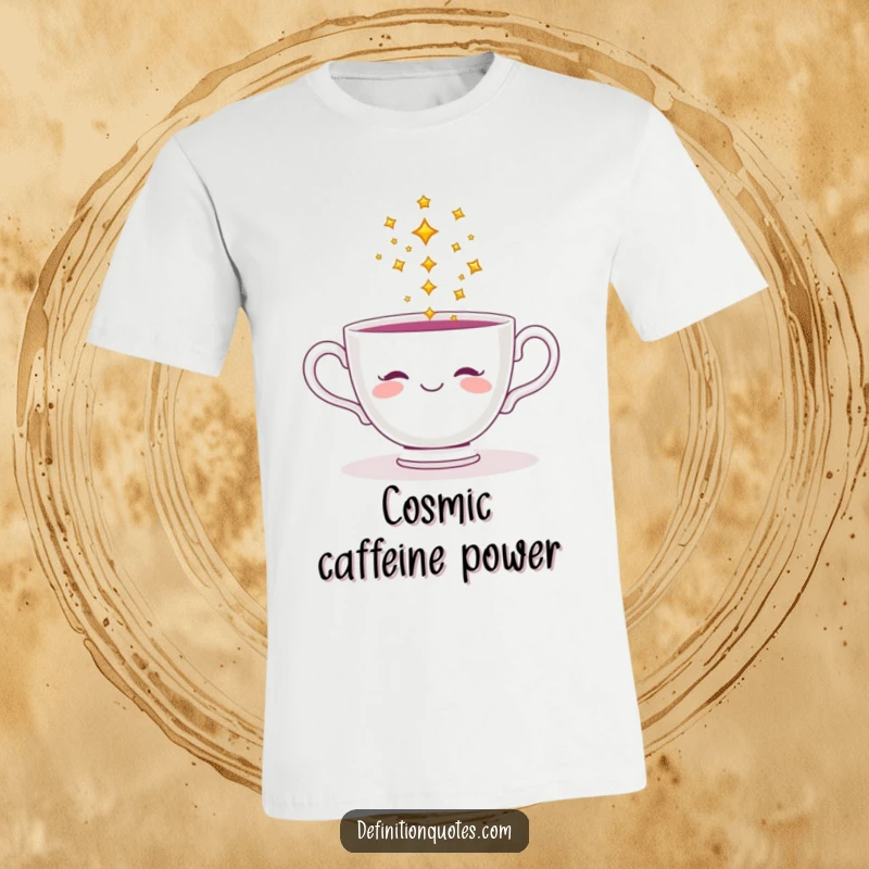 Funny t-shirt with a smiling teacup pouring tiny sparkling stars, celebrating joy and imagination.