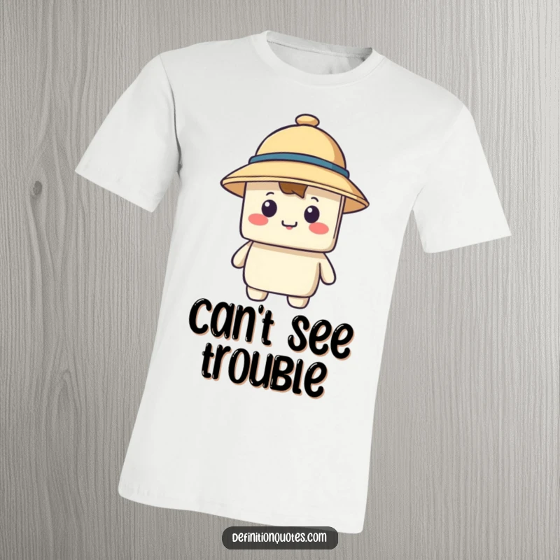 Funny t-shirt showing a blocky character with a comically small hat falling over its eyes, a humorous fashion statement.