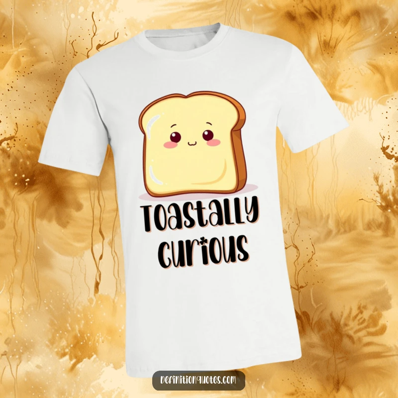 Funny piece of toast peeking from behind a large butter pat on a t-shirt, capturing a moment of playful observation.