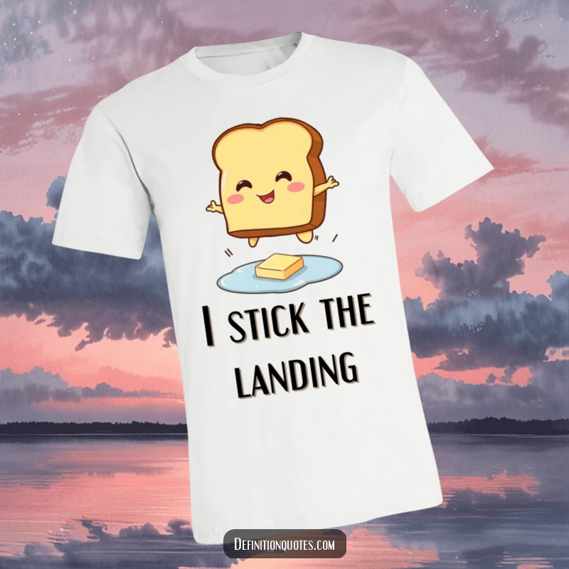 Funny t-shirt with a smiling toast character mid-air, attempting to jump over a tiny butter puddle, a comical breakfast scene.