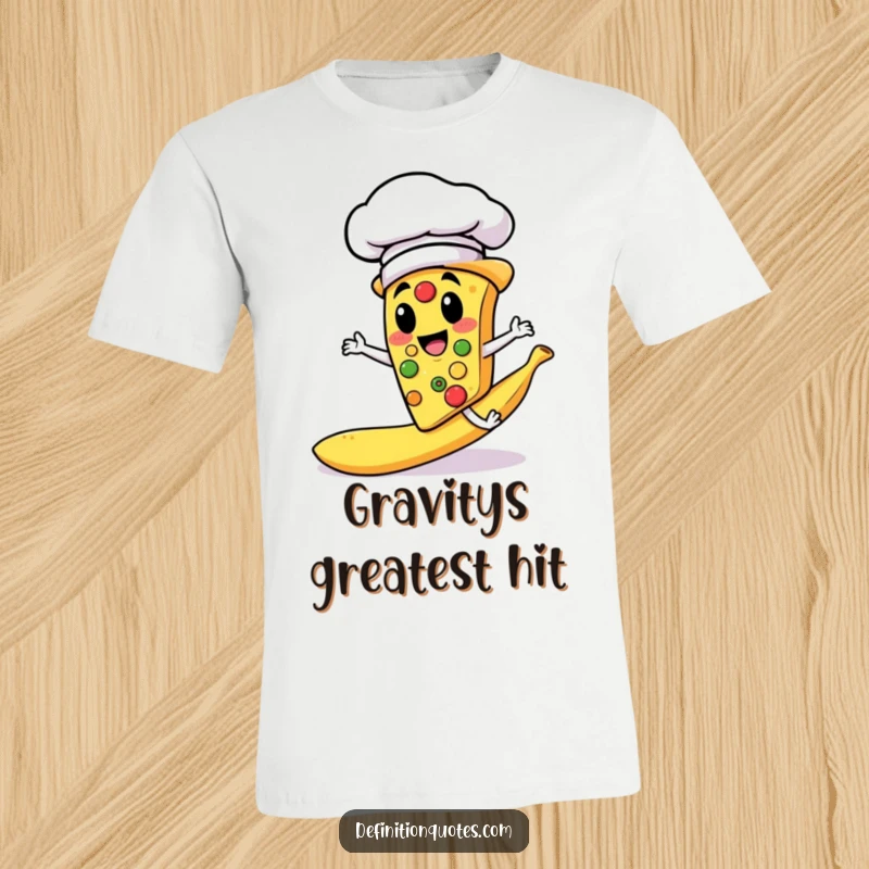 Funny T-shirt of a pizza slice chef with a chef hat slipping on a banana peel. Humorous food-themed apparel.