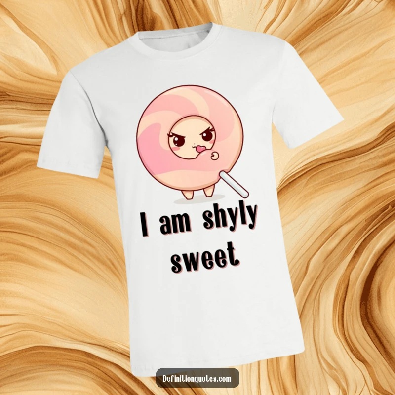 Funny shy donut character peeking out from behind a large, licked lollipop, printed on a humorous t-shirt.