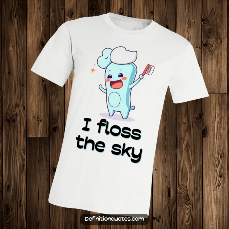Funny Kawaii toothbrush character desperately brushing a puffy cloud, illustrating a comical and absurd moment on a t-shirt.
