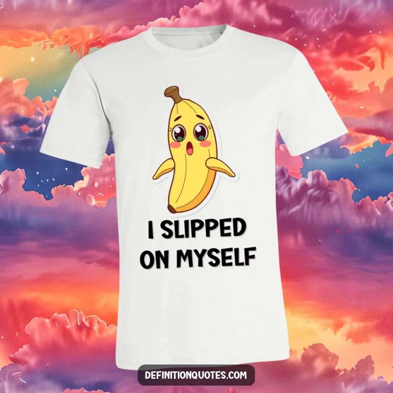 Funny surprised banana t-shirt, eyes wide open, witnessing its own peel slide off hilariously.