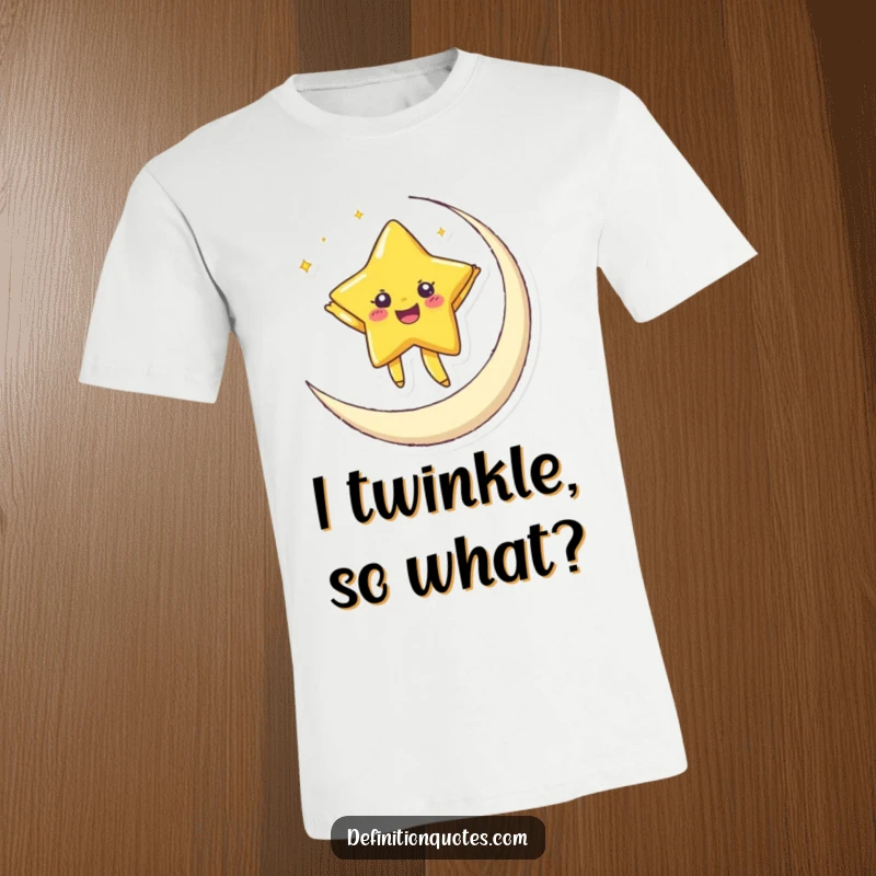 Funny t-shirt featuring a joyful star with twinkling eyes dancing gracefully on a crescent moon, radiating happiness.