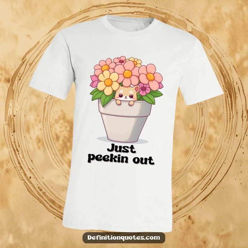 Funny t-shirt featuring a small, curious creature peeking out from an enormous flower pot, looking utterly surprised and delighted.