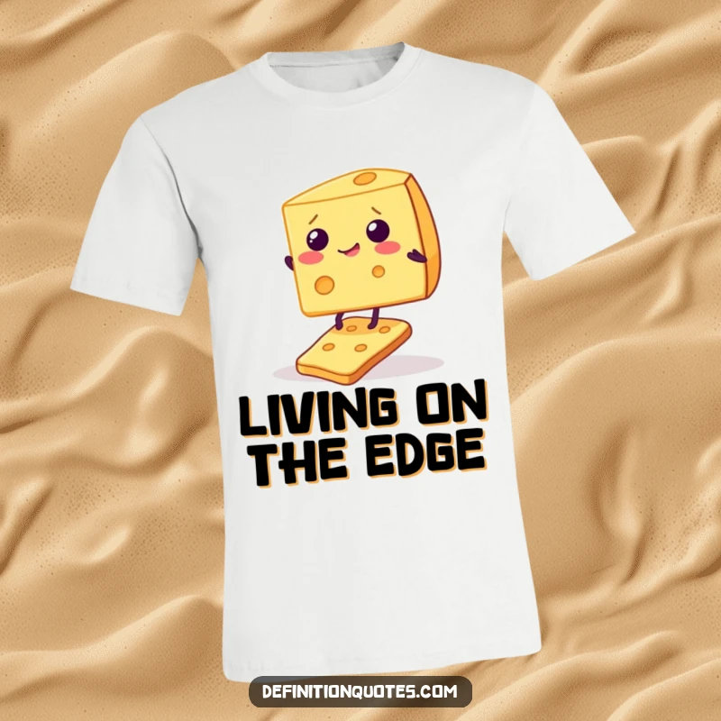 Funny t-shirt print of a giggling cheese wedge hilariously attempting to balance on a single, wobbly cracker, a delicious depiction of instability.