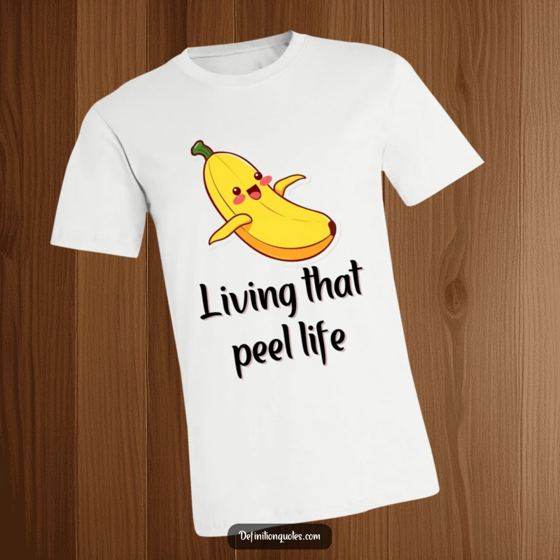 Funny Kawaii banana character in mid-slide down its peel, looking utterly ecstatic and full of joy on a t-shirt.
