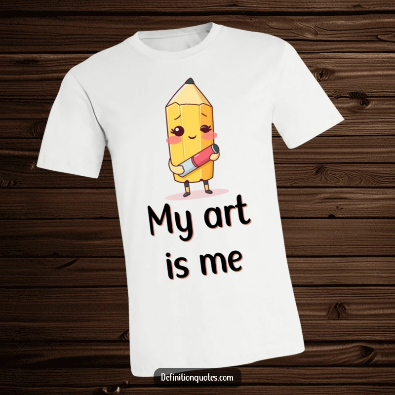 Funny t-shirt depicting a blushing pencil with an eraser, comically trying to sketch itself, showcasing artistic aspiration and humor.