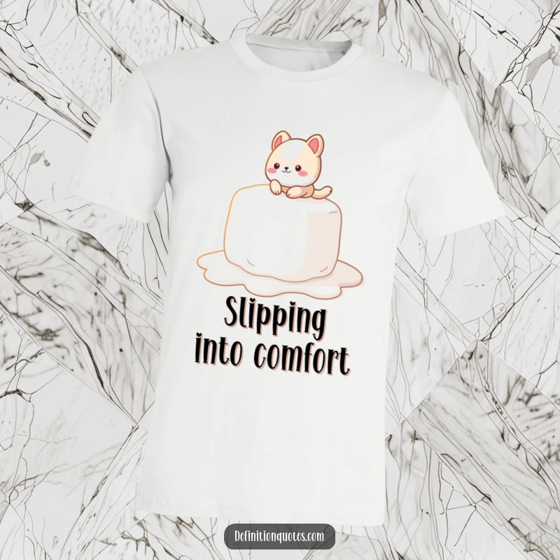 Funny T-Shirt: A cute animal character comically slipping and sliding on a giant, melting marshmallow, a funny scene.