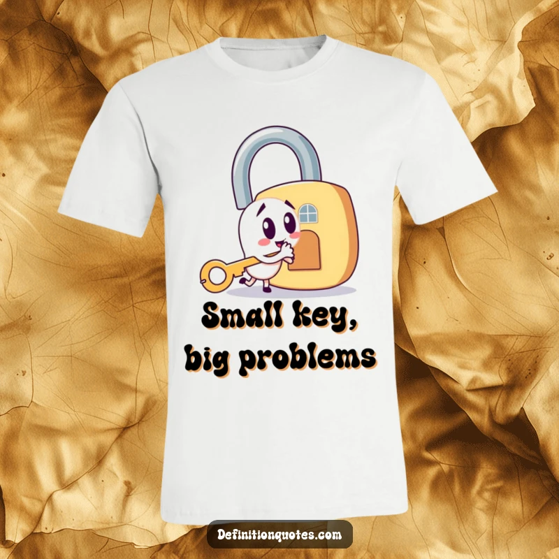 Funny t-shirt showing a sneaky key character attempting to pick a massive padlock, representing a humorous struggle.