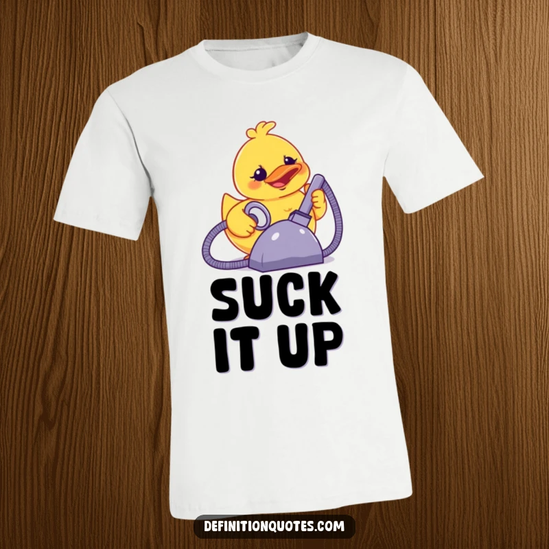 Funny terrified rubber ducky with a smile, powering a giant vacuum cleaner, on a t-shirt.