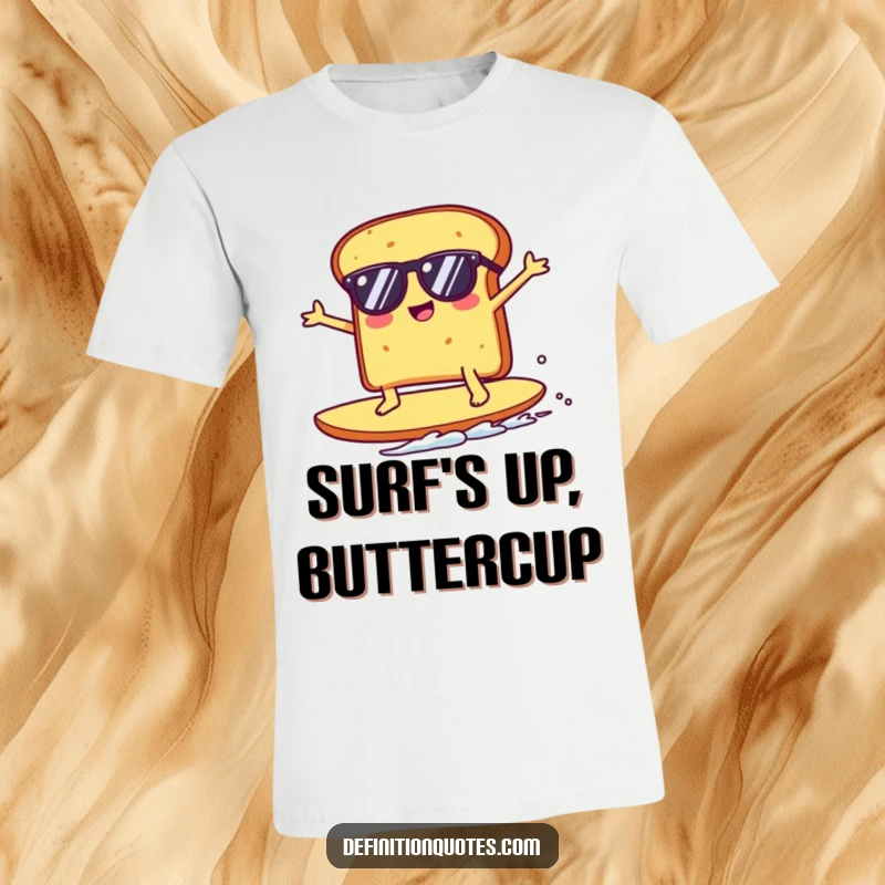 Funny Kawaii toast character in sunglasses surfing a giant crumb, looking cool and comical on a t-shirt, perfect for beach lovers.