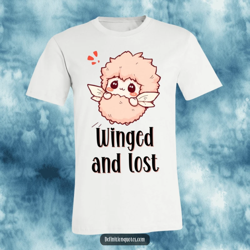 Funny bewildered tiny fluffy slipper with paper wings attempting to fly, printed on a t-shirt.