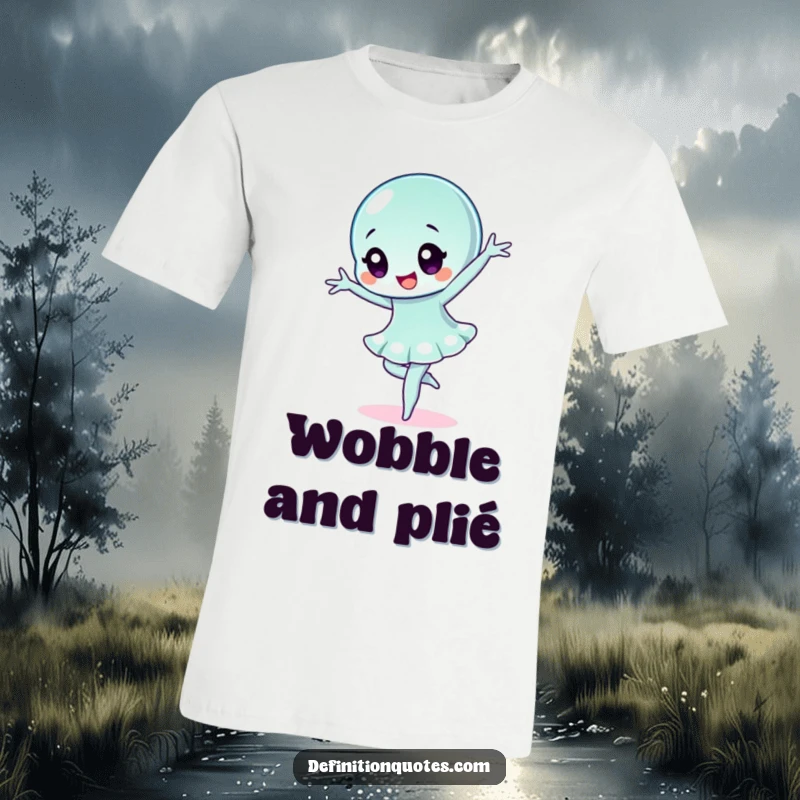Funny wobbly jelly character on a t-shirt, performing a dramatic and slightly unsteady ballet pose with exaggerated grace.