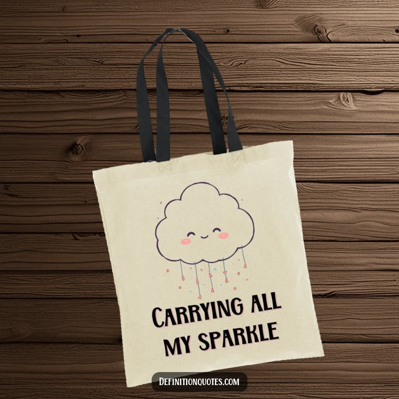 Funny tote bag featuring a happy cloud character showering oversized glitter, ideal for carrying essentials with a touch of fun.