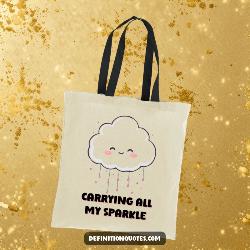 Funny tote bag featuring a cheerful cloud character playfully raining oversized glitter, perfect for carrying sparkly items.