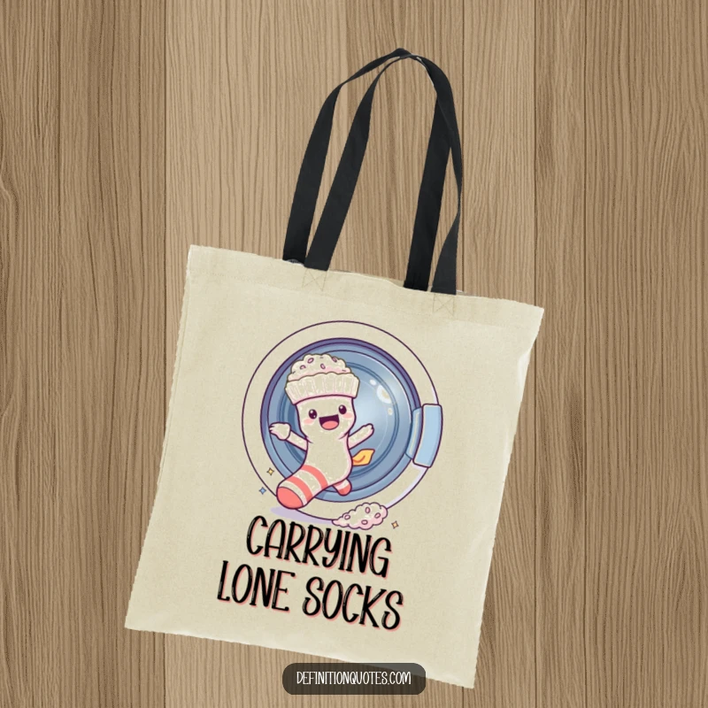 Funny sock character escaping a washing machine, leaving fluff, on a durable tote bag for a humorous touch.