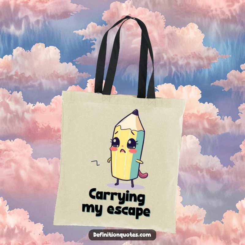 Funny tote bag with a cute pencil character nervously drawing its escape route. Practical for carrying art supplies.