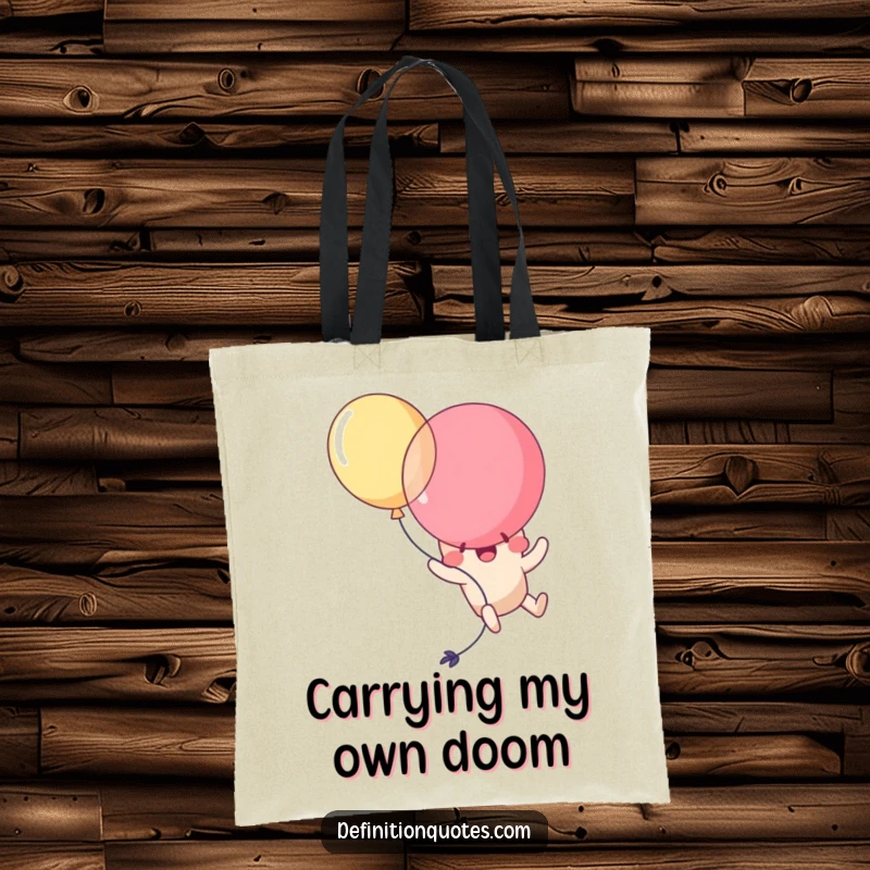 Funny Kawaii balloon character comically popping itself while trying to fly, depicted on a durable tote bag. A humorous accessory.