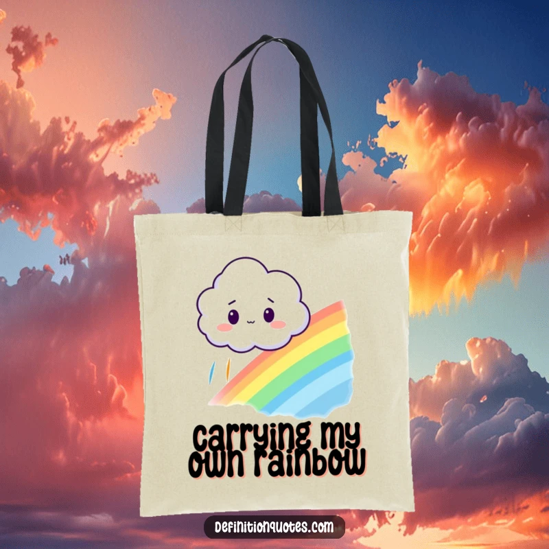 Funny tote bag featuring a surprised little cloud looking at a rainbow it unexpectedly created, perfect for carrying magic.