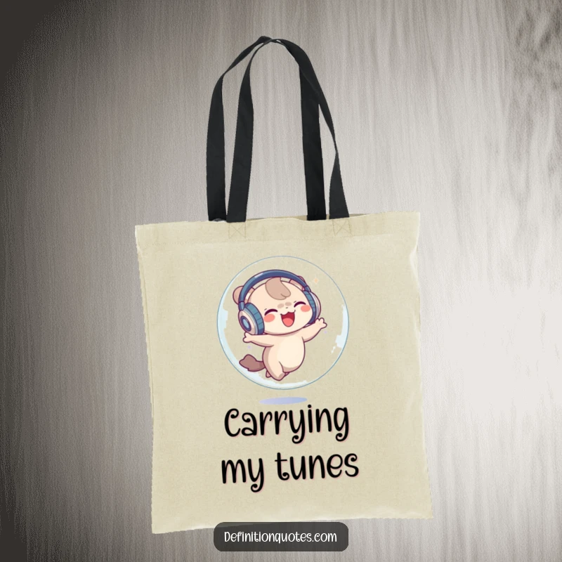 Funny Tote Bag: A small creature with oversized headphones joyfully dancing inside a bubble, ready for adventures.