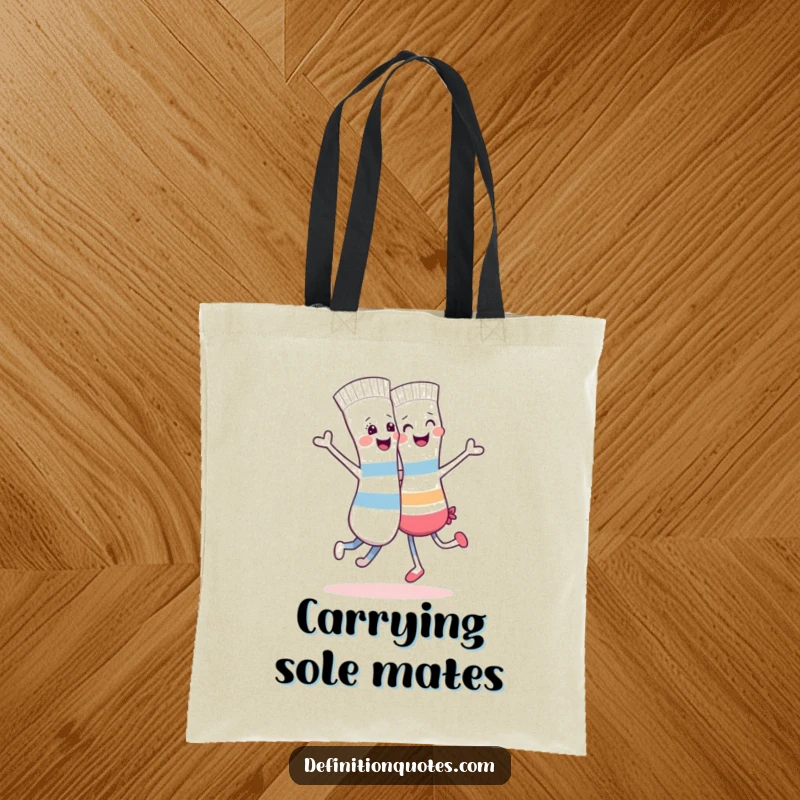 Funny tote bag depicting a cheerful sock joyfully dancing with its completely mismatched sock companion.