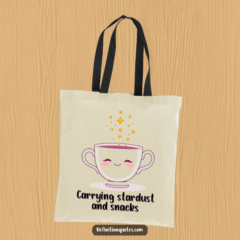 Funny tote bag featuring a smiling teacup pouring a stream of tiny, sparkling stars, designed for magic lovers.