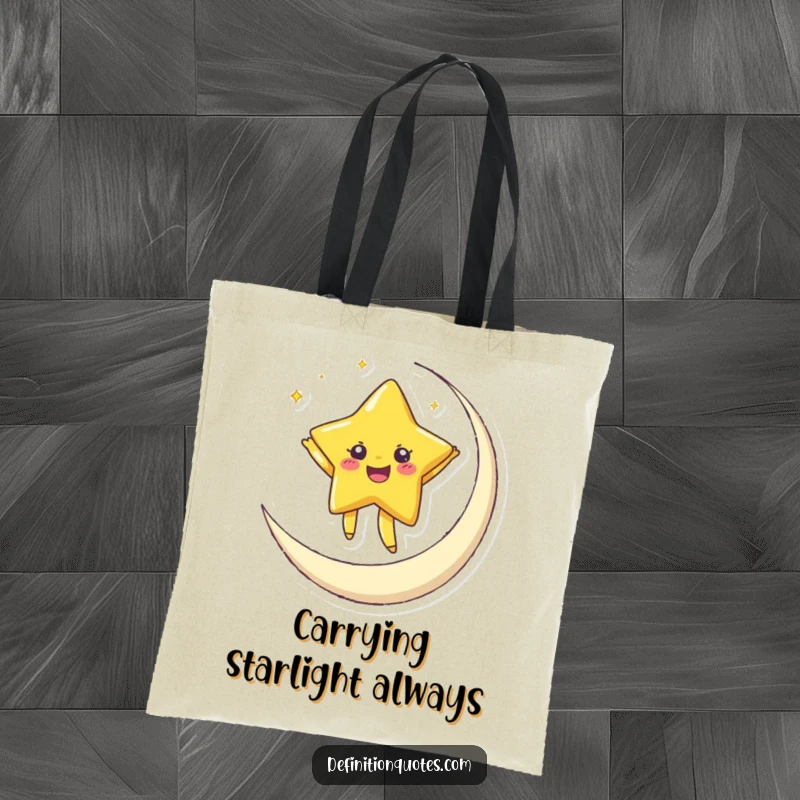 Funny tote bag featuring a joyful star dancing on a crescent moon, perfect for carrying your celestial-inspired items with humor.