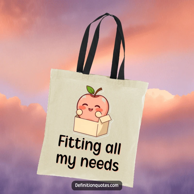 Funny, blushing apple character trying to fit in a tiny box, on a durable tote bag, a truly funny gift.