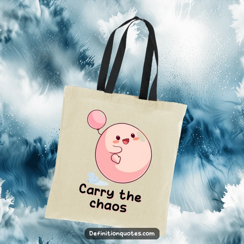 Funny Small Blob Tote Bag illustrating the character's funny attempt to ride a spinning top, perfect for carrying essentials with humor.