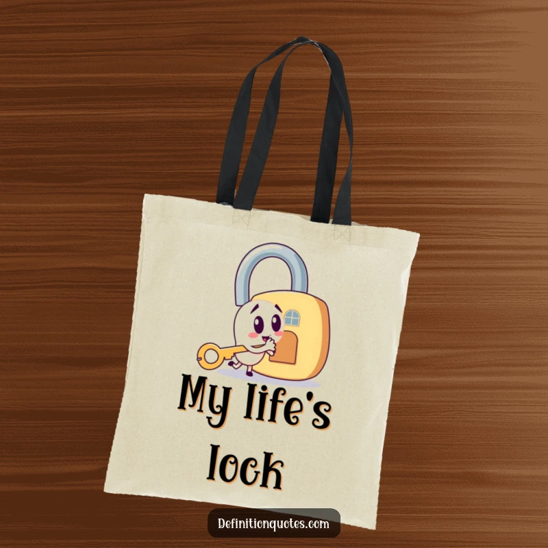 Funny tote bag with a mischievous key character attempting to open a large padlock, great for everyday use.