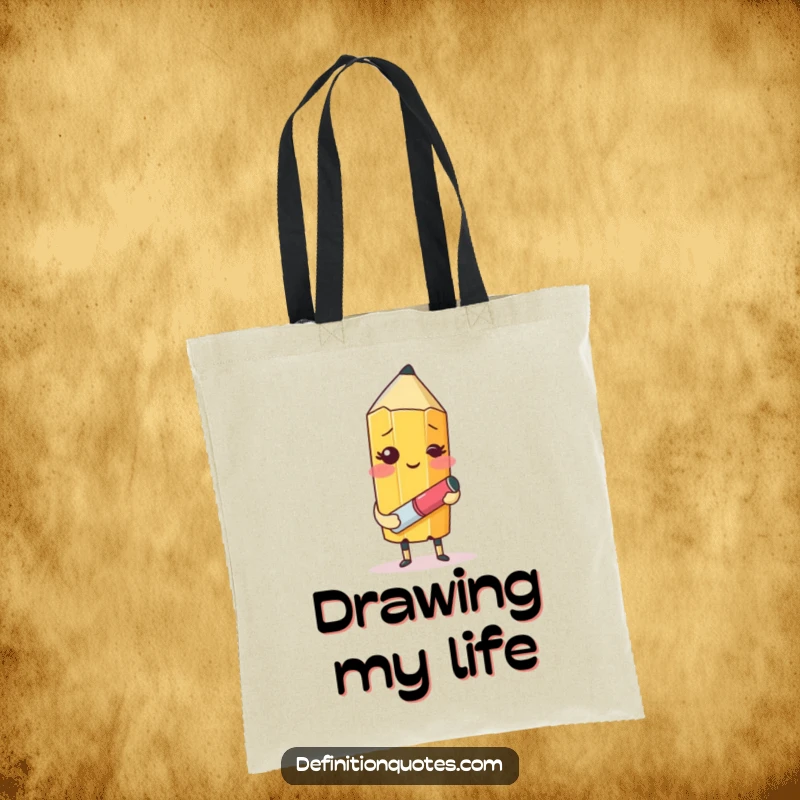 Funny tote bag with a blushing pencil character attempting to draw itself, ideal for carrying art supplies.