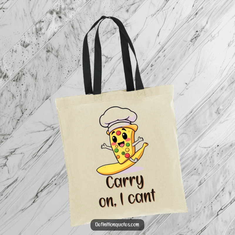 Funny tote bag with a pizza slice chef character slipping on a banana peel, useful and humorous.